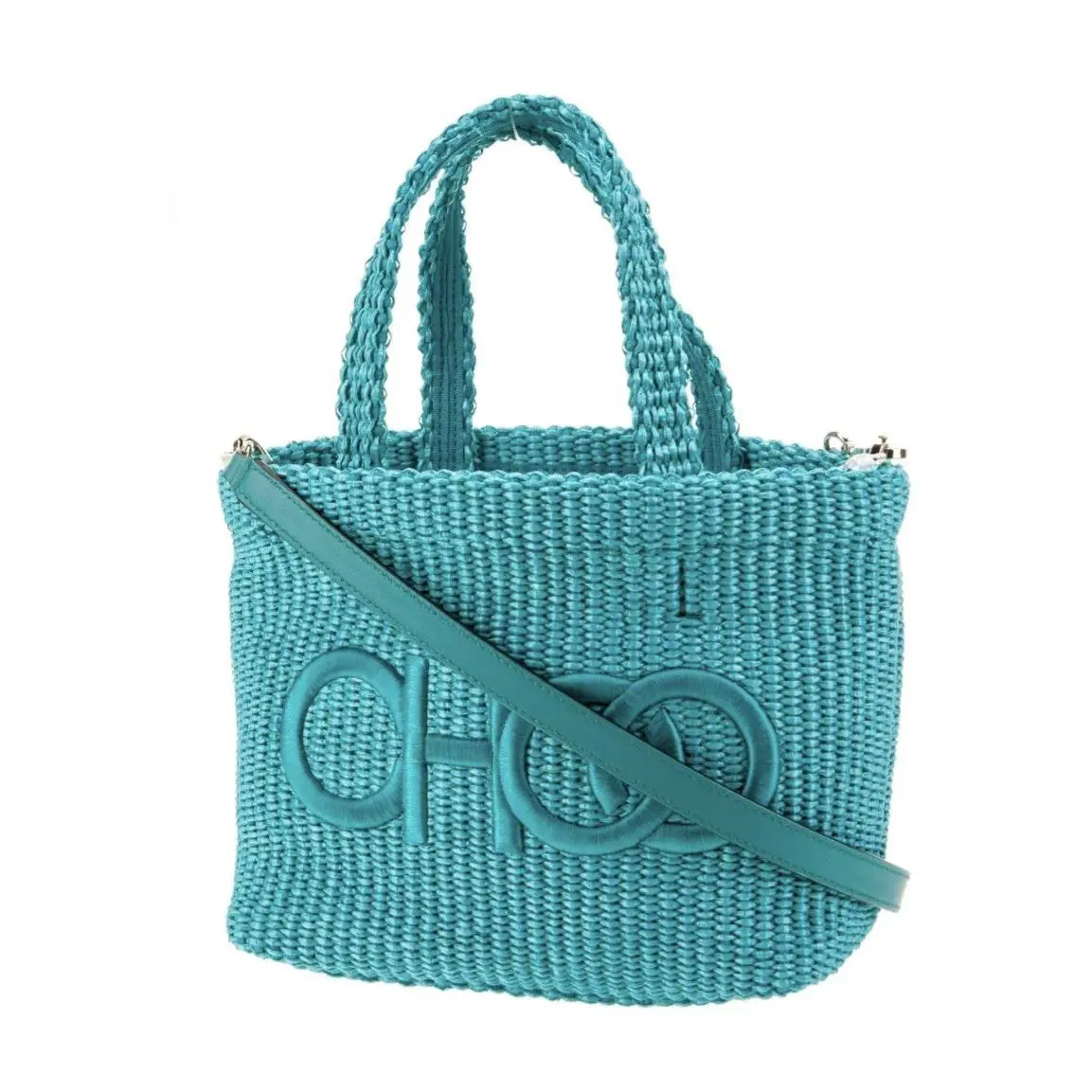 East West Raffia Beach Tote Malibu Mix Blue Logo Straw Mini Bag Strp by Jimmy Choo