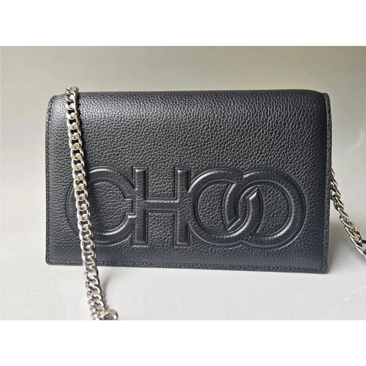 Jimmy Choo Crossbody Bag Black Leather Silver Chain Choo Logo Sonia Box Dust Bag