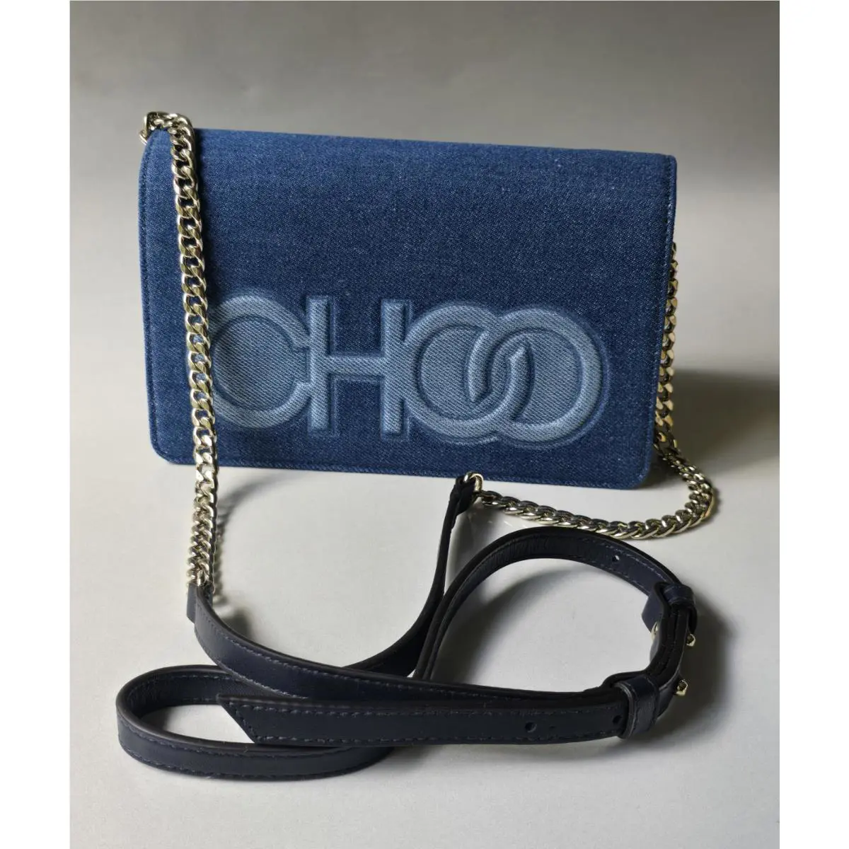 Jimmy Choo Crossbody Bag Denim Navy Leather Choo Logo Silver Chain `sonia` Box