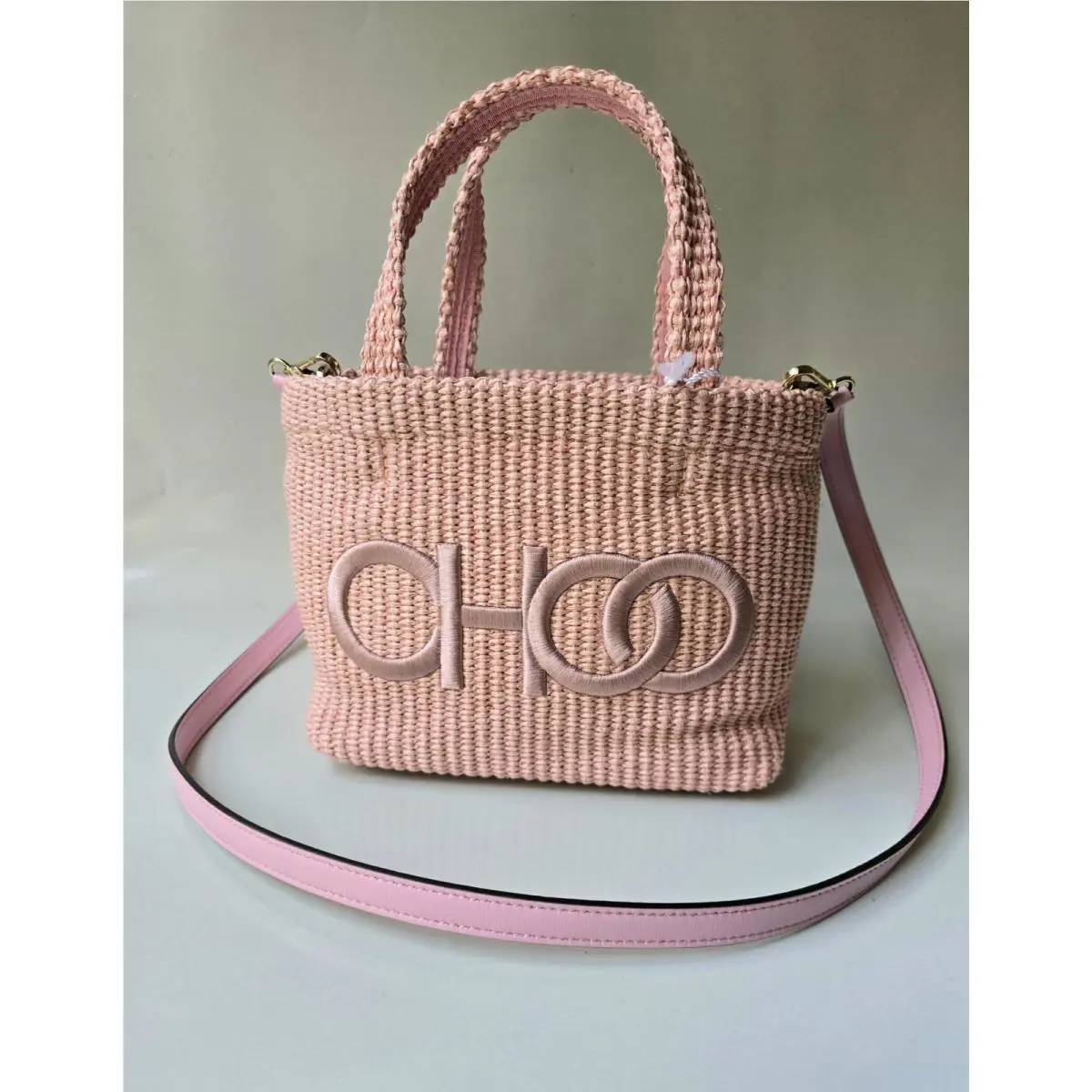 Jimmy Choo East West Raffia Beach Tote Ice Pink Logo Straw Mini Bag with Strap