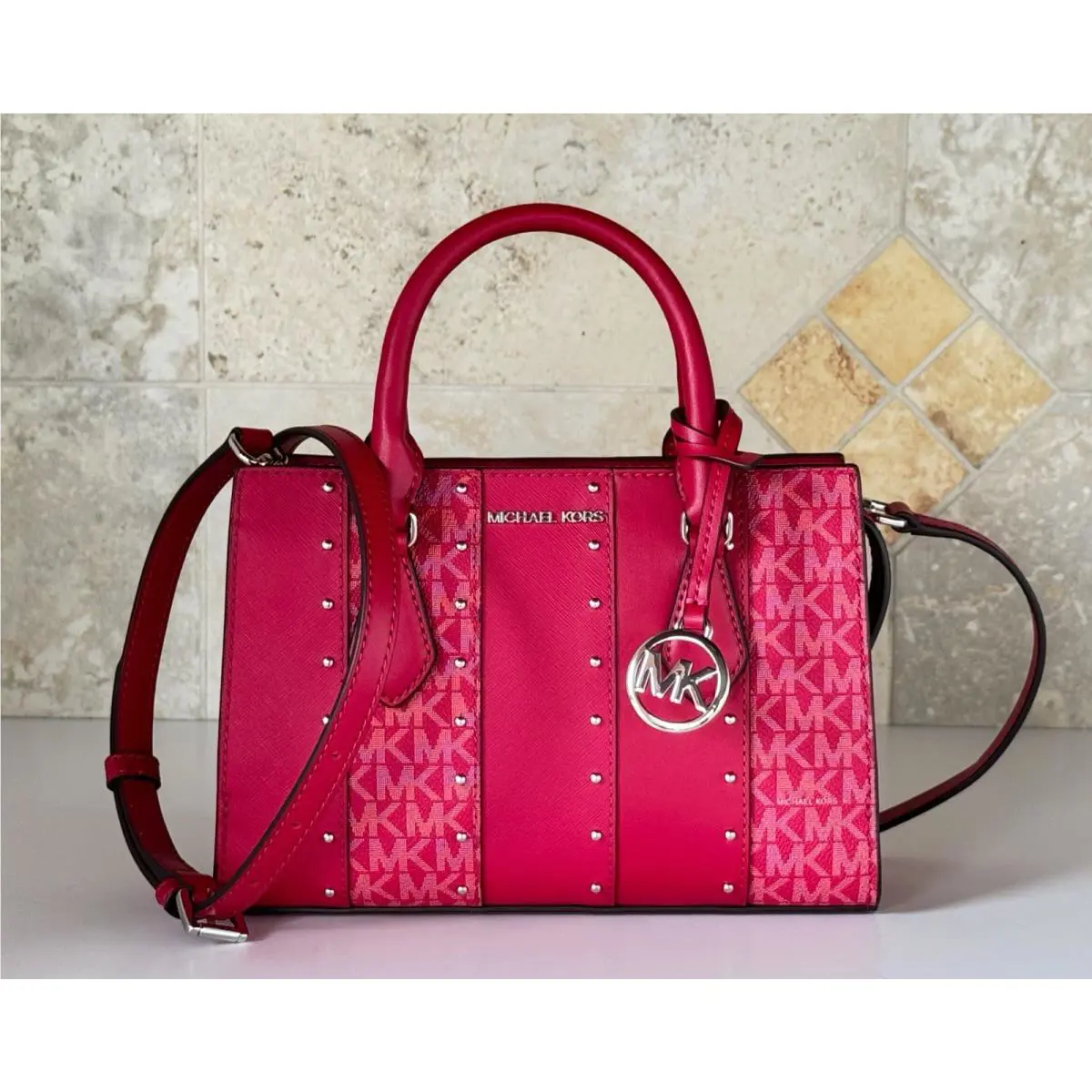Michael Kors Sheila Small Satchel Shoulder Crossbody Bag MK Dark Raspberry Studs