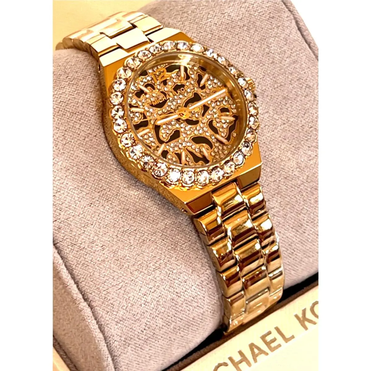 Michael Kors MK7394 Lennox Animal Print Pave Crystal Gold Ladies Watch - Dial: Black, Band: Gold, Bezel: Gold