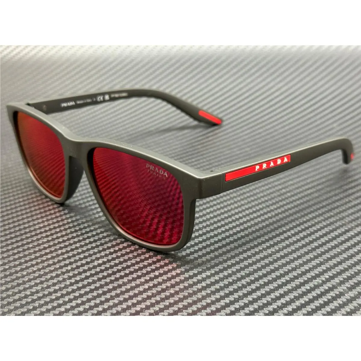 Prada Linea Rossa PS 06YS UFK10A Grey Rubber Red Mirror Men`s 56 mm Sunglasses