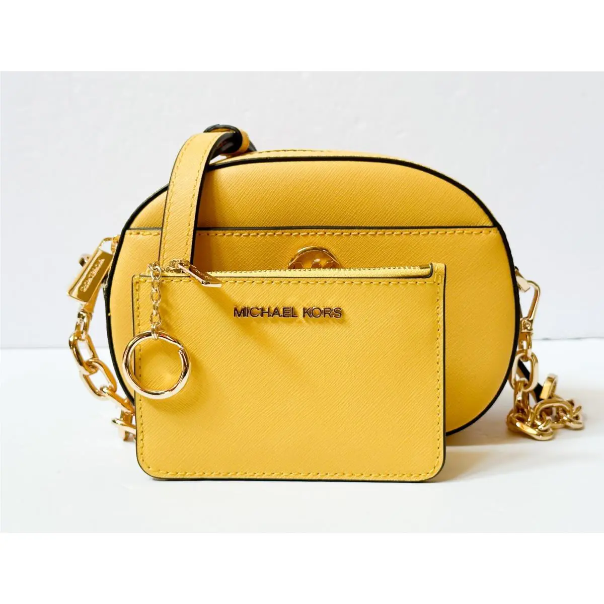Michael Kors Jet Set Glam Small Oval Crossbody Bag + Coin Wallet Yellow Daffodil