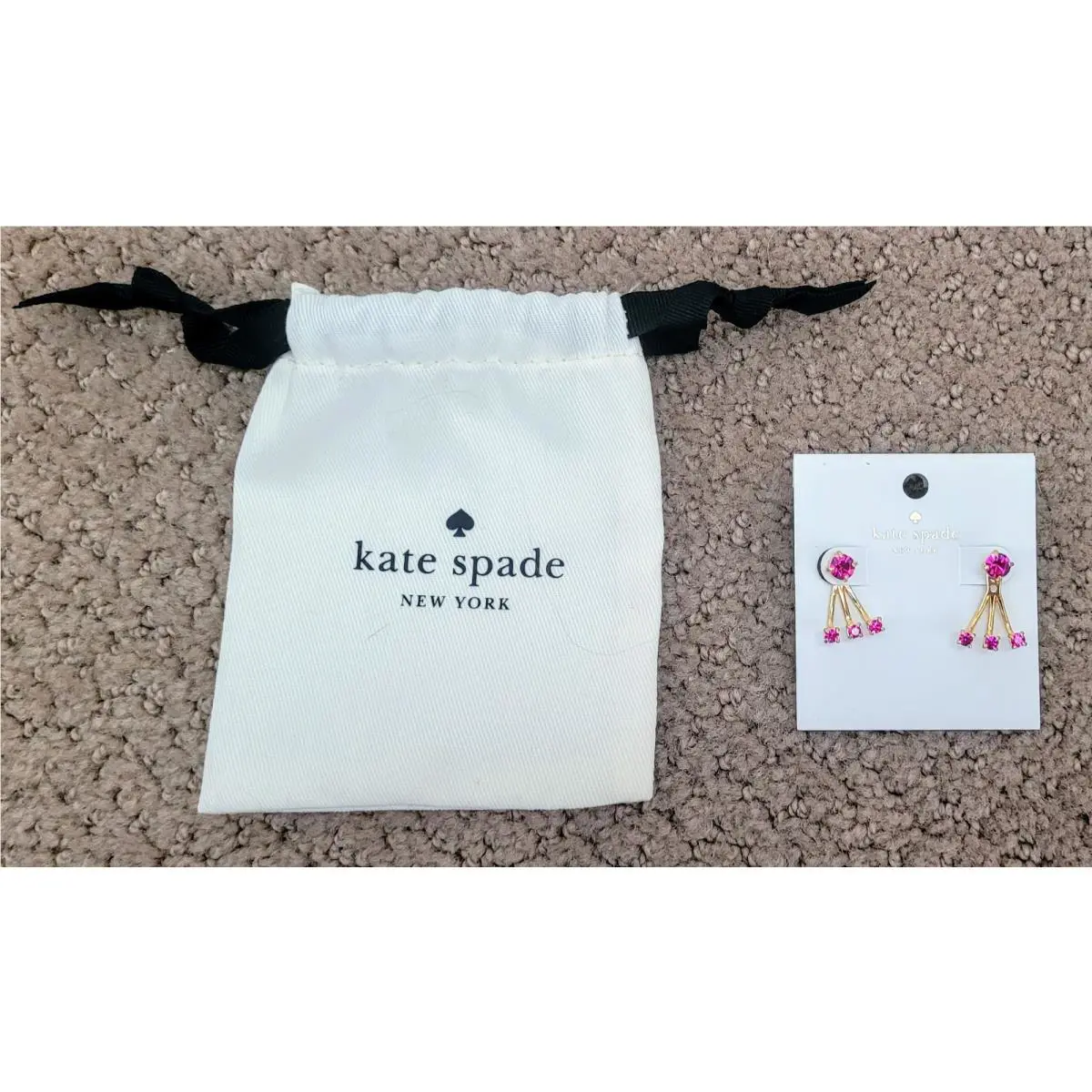 Kate Spade 2-WAY Stud/drop Pierced Fushia Stone Earrings Dustbag Gold