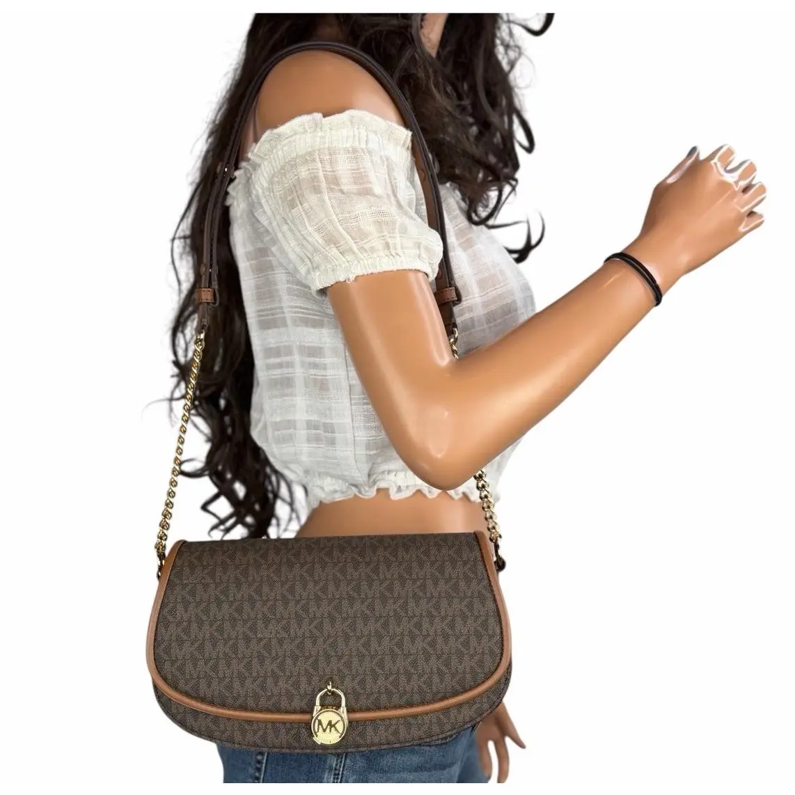 Michael Kors Mila Medium Flap Shoulder Crossbody Bag Clutch MK Brown