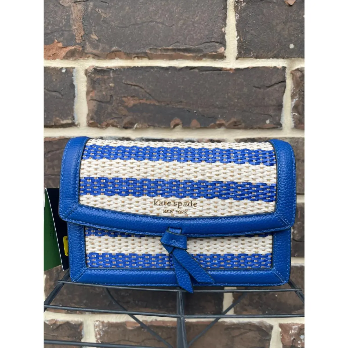 Kate Spade Knott Flap Woven Crossbody Classic Blue Multi Striped