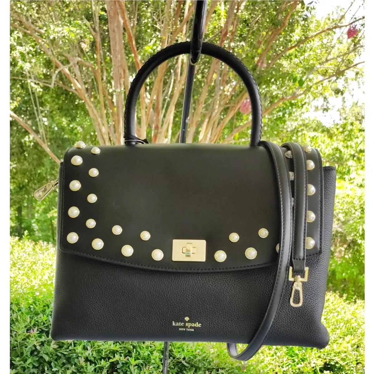 Kate Spade WKRU5672 Black Dorino Leather Pearl Cabochon Satchel