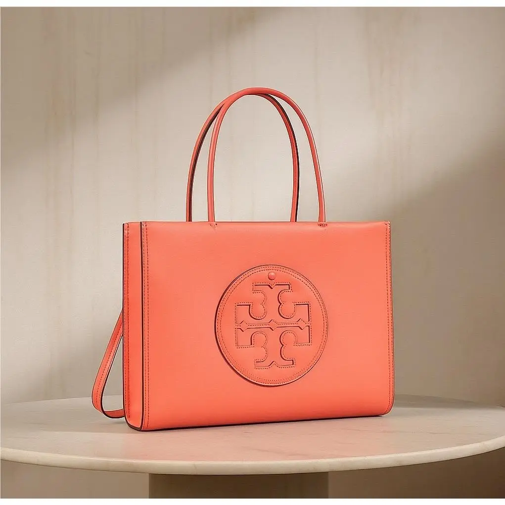 Tory Burch Eco Ella Bio Coral Crush Orange Small Tote Bag w/ Long Strap