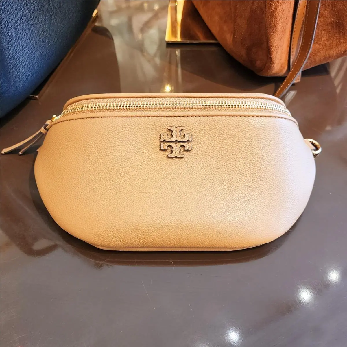 Latest Tory Burch Thea Tiramisu Tan Pebbled Leather Belt Bag 165917