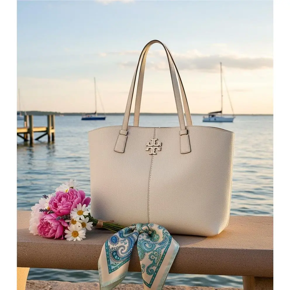 Tory Burch Mcgraw Brie Cream Leather Large Carryall Shopper Tote Bag