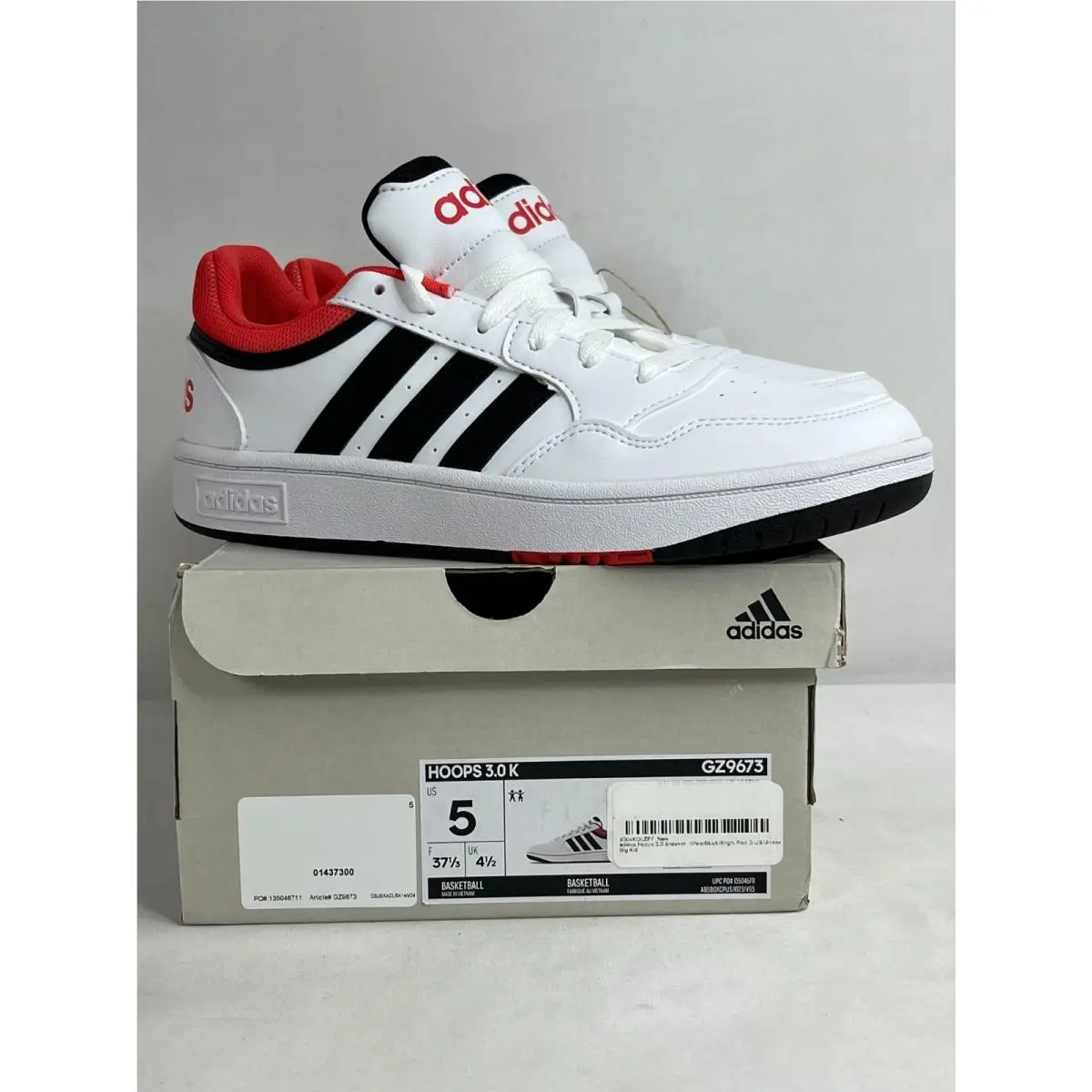 Adidas Unisex Kids Hoops 3.0 GZ9673 White Black Lace Up Basketball Shoes Size 5