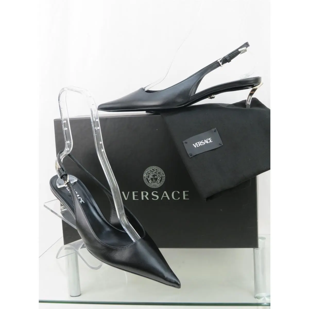 Black Leather Silver Medusa Logo Sandals Kitten Heel Pumps 41 US 11 by Versace