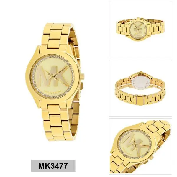 Michael Kors Runway Gold Tone MK Logo Crystals Dial Bracelet WATCH-MK3477 - Dial: Gold, Band: Gold, Manufacturer Band: GOLD