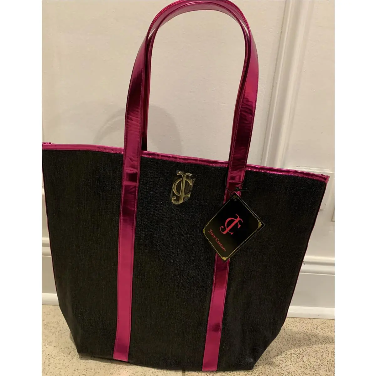 Sassy - Beautiful- Juicy Couture Tote Bag Shiny Black Jeans Print Hot Pink-nwt