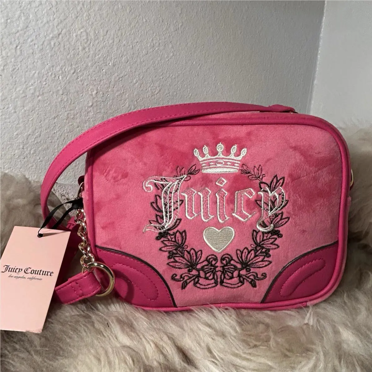 Juicy Couture Heritage Velour Crossbody - Pink Flash