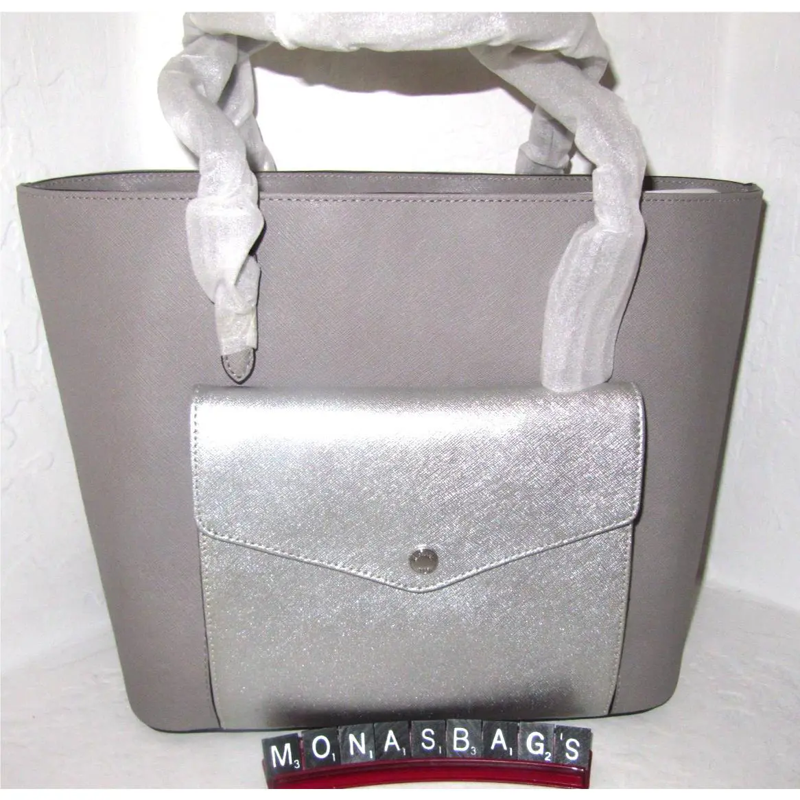 Michael Kors Jet Set Large Pocket Tote Silver Grey Leather