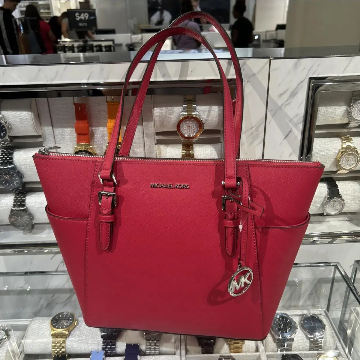 Charlotte Large Zip Tote Shoulder Bag MK Raspberry Pink Leather by Michael Kors