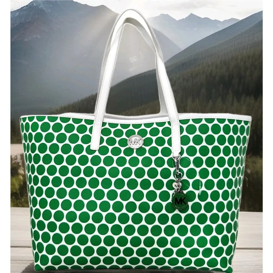 Kiki Printed Dot White/green Large Tote Bag with MK Charms by Michael Kors
