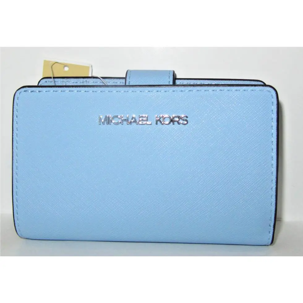 Michael Kors Jet Set Travel Medium Leather Bifold Zip Coin Wallet Light Sky