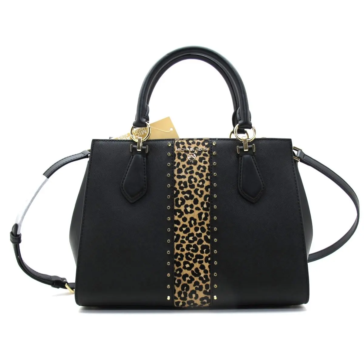 Michael Kors Marilyn Leather Med Satchel/shoulder Cheetah Stripe Studs Black