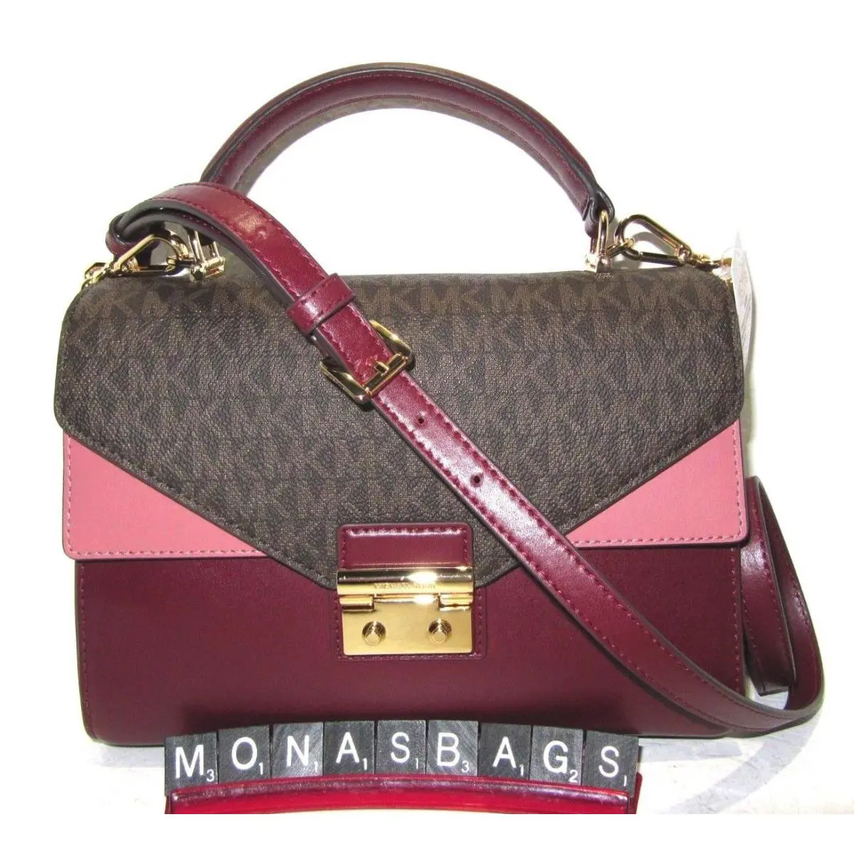 Michael Kors Sloan Brown Oxblood Pink Double Top Handle Satchel Handbag