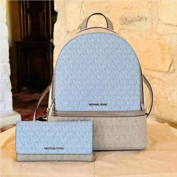 Michael Kors Rhea Medium Zip Backpack Bag + Trifold Wallet Set Sky Multi