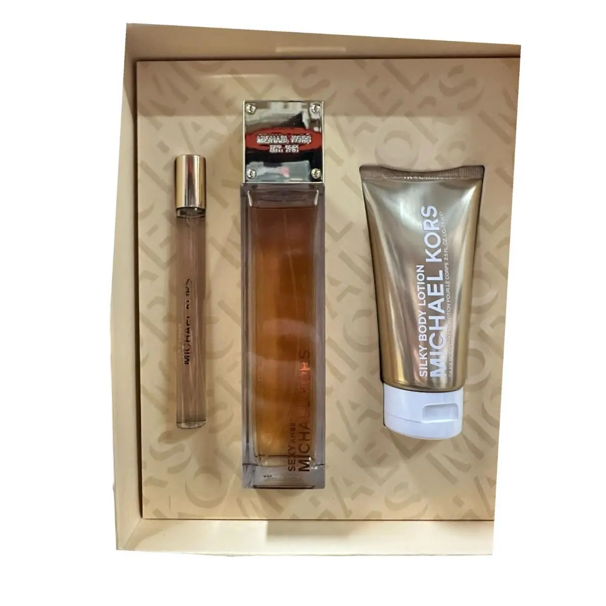 Michael Kors 3 Pack Set Sexy Amber Edp-spray-silky Body Lotion- Read