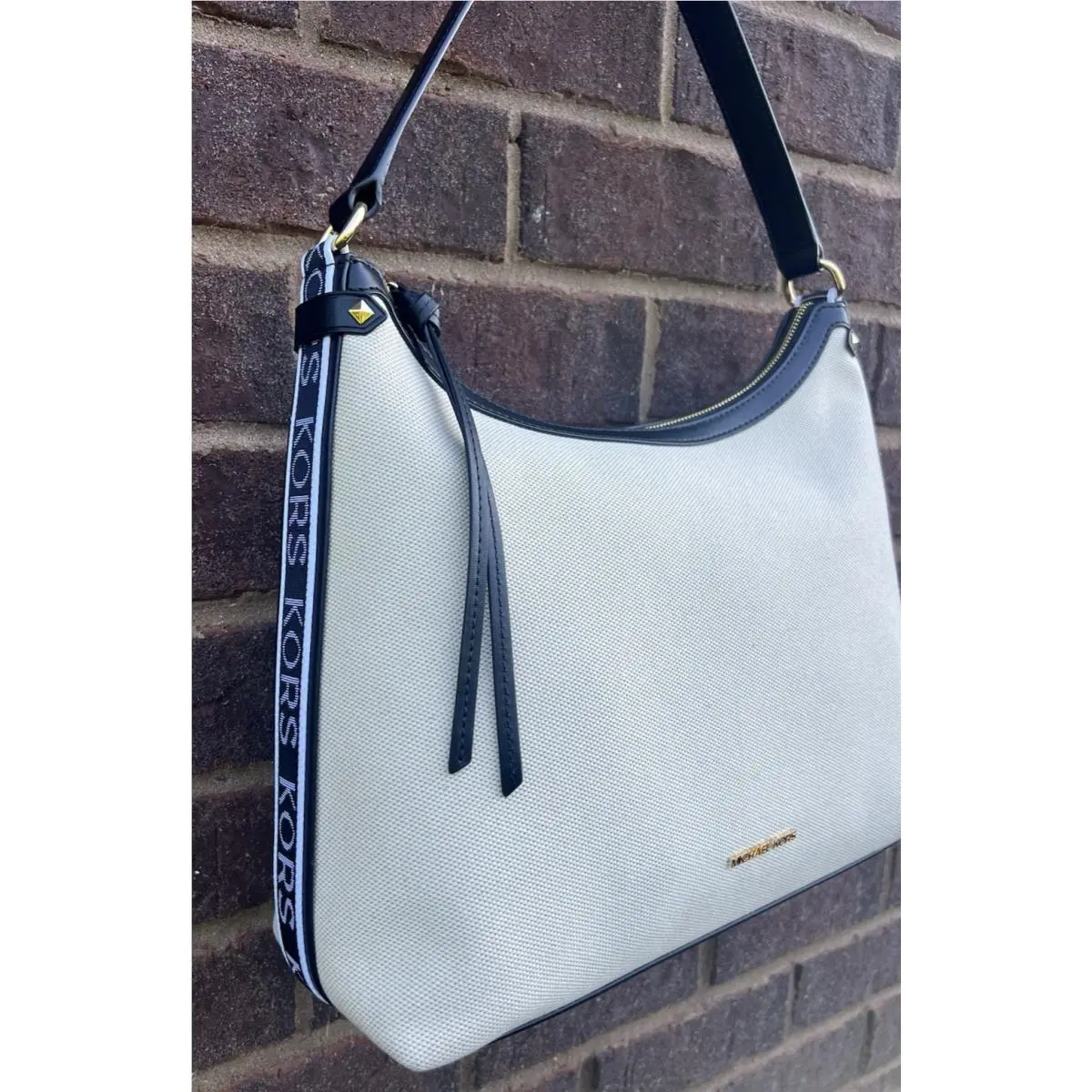 Michael Kors Maeve Large Hobo Bag Cream Beige Black Canavas Leather