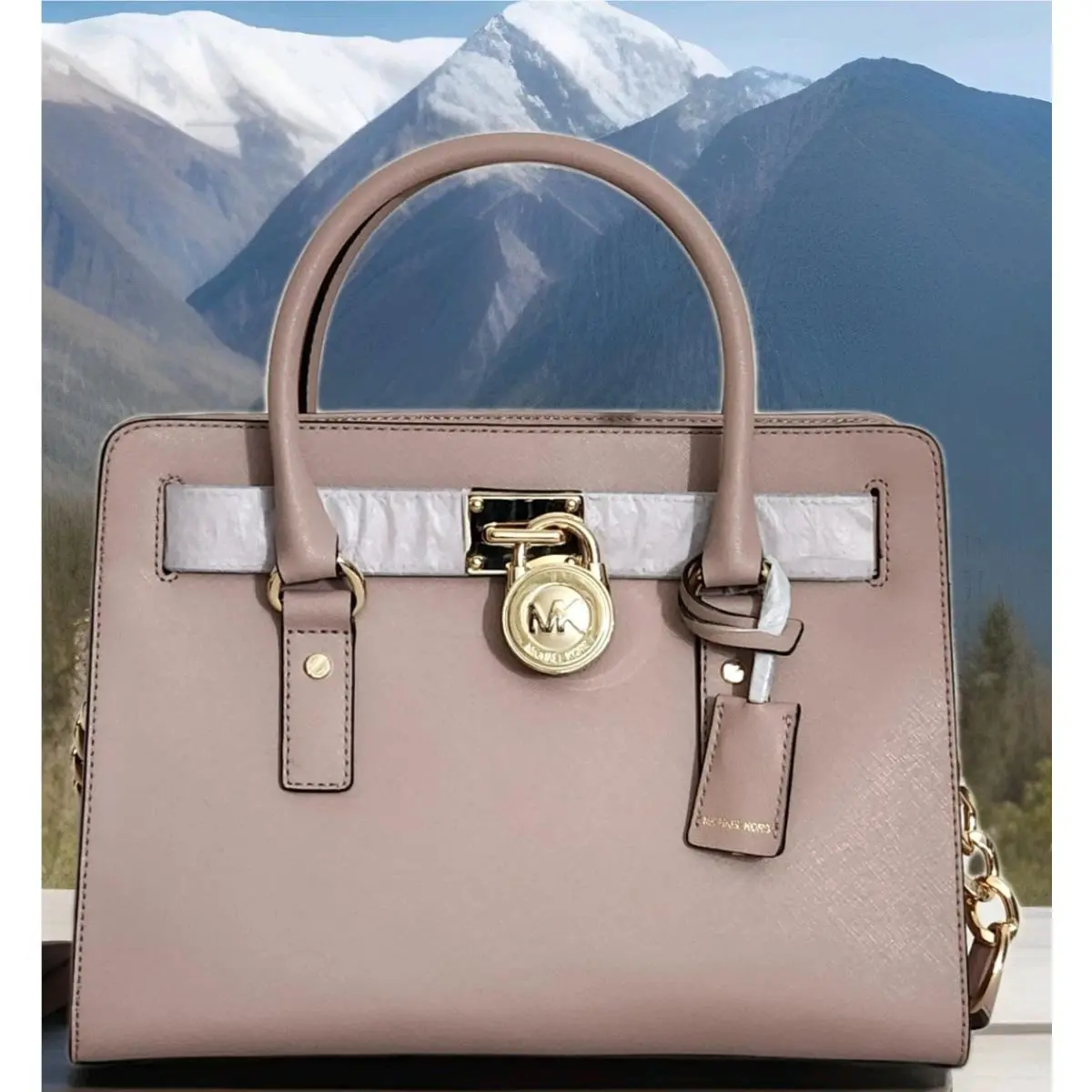 Michael Kors Hamilton Fawn Pink Beige Gold Saffiano Leather Satchel Bag