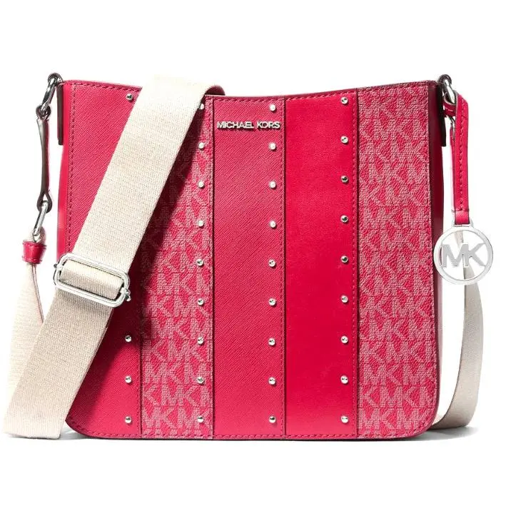 Michael Kors Jet Set Raspberry Red Small Studded Patchwork Logo Crossbody