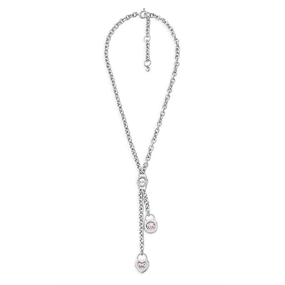 Michael Kors Silver CZ Pearl Heart Padlock Lariat Necklace MKC1561A6040