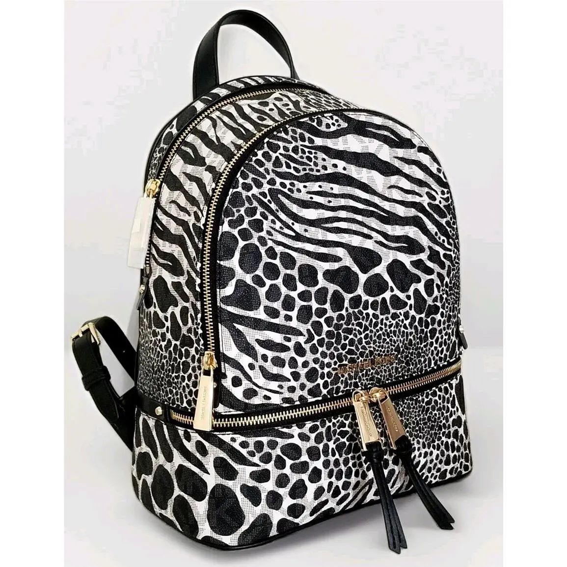 Michael Kors Rhea Zip Black White Logo Gold Animal Backpack Travel Bag