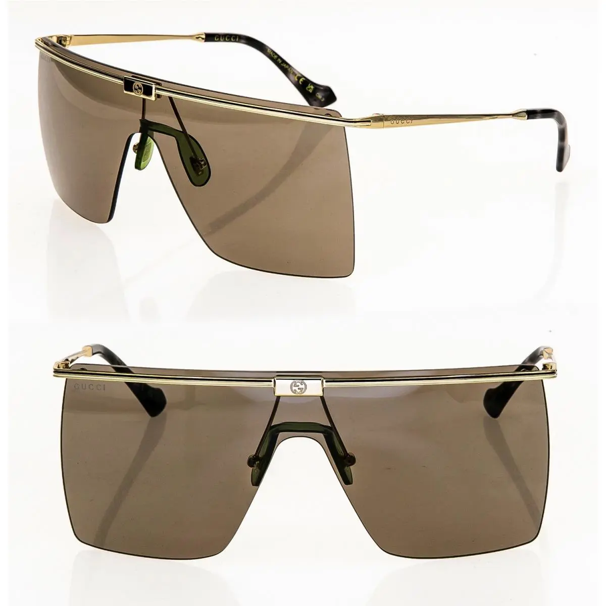 Gucci Unisex Oversized Mask 1096 Gold Brown Metal Sunglass GG1096S 002