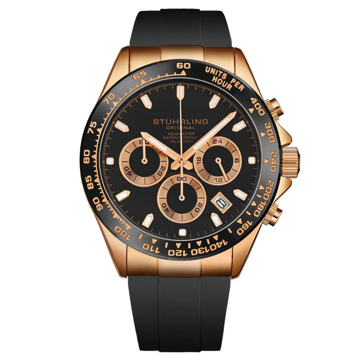 Stuhrling 4050 Men`s Hattori VK63 Quartz Chronograph SS Case Rubber Strap Watch