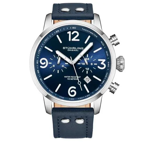 Stuhrling 3956 2 Aviator Chronograph Date Blue Leather Strap Mens Watch - Dial: Blue, Band: Blue