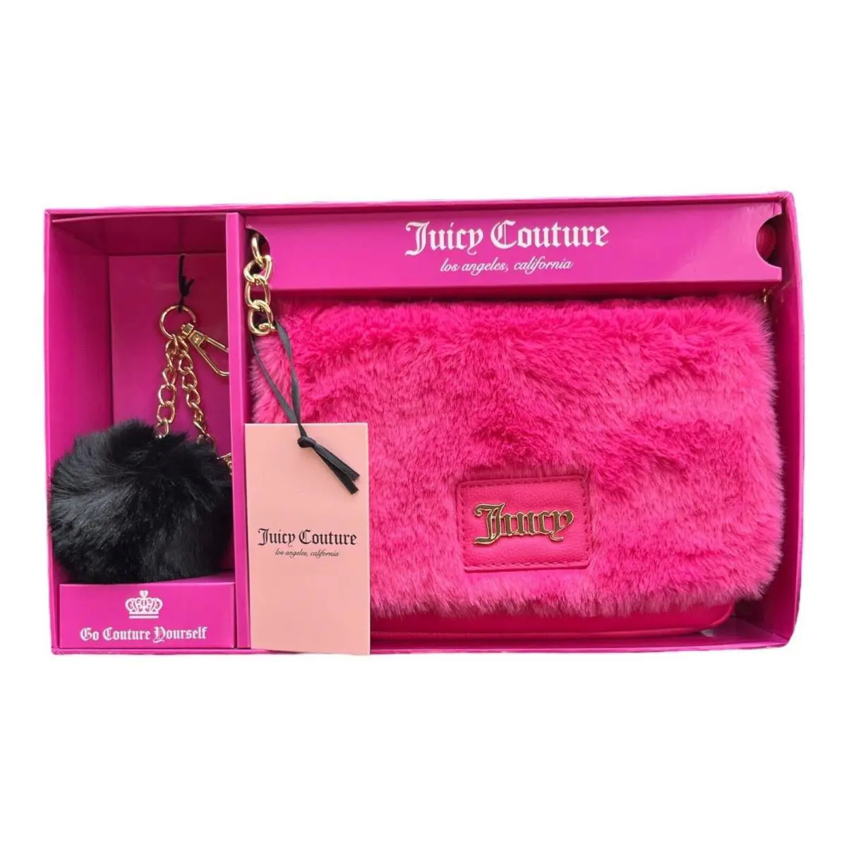 Juicy Couture Fur Hot Pink Free Love Flap Crossbody Black Fluffy Keycha