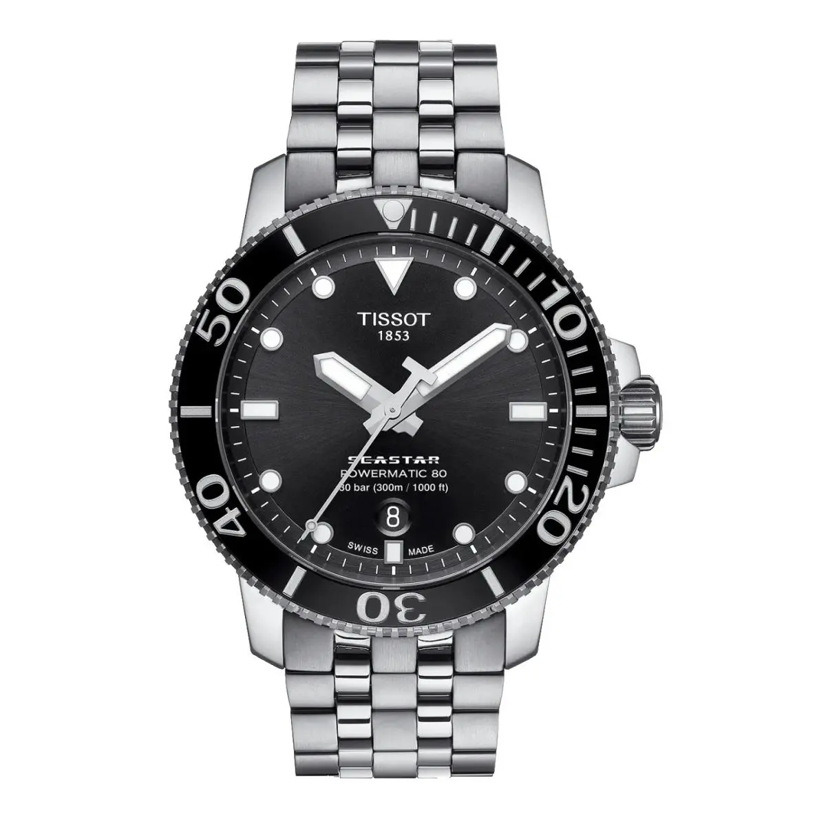 Tissot Seastar 1000 T120.407.11.051.00 Steel 43 Black Dial Automatic Mens Watch - Dial: Black, Band: Silver, Bezel: Black
