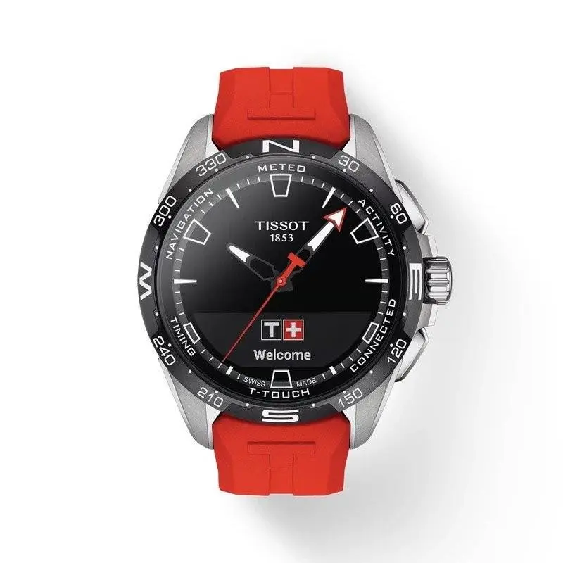 Tissot T-touch Connect Solar Titanium Case Red Strap Mens Watch T1214204705101 - Dial: Black, Band: Red, Bezel: Black