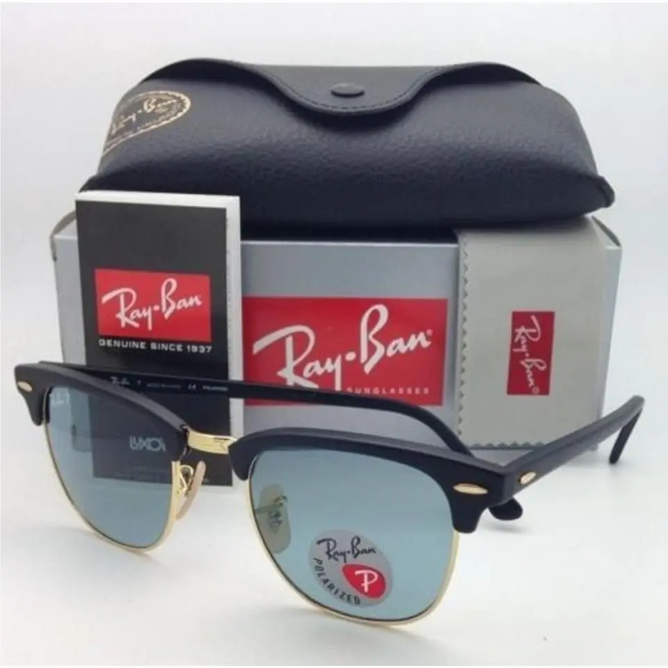 Ray-ban Clubmaster Sunglasse RB3016 901S3R Mat Black /gold /blue Polar 49-21-140