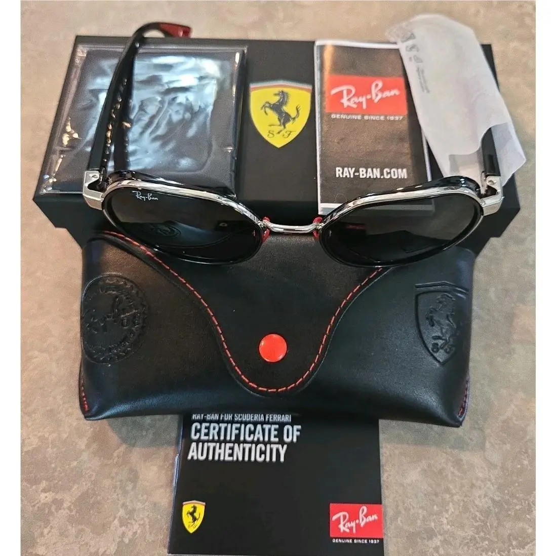 Ray Ban RB3703-M F00771 Ferrari Sunglasses Silver+black w/ Dark Green Lenses