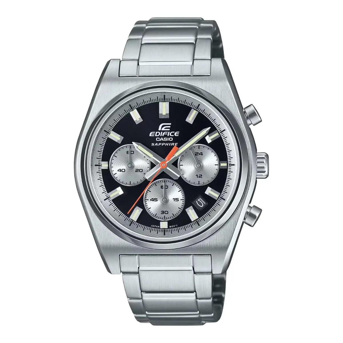 Casio EFB730D-1AV Edifice All Stainless Analog Chrono 100M Date Sport Watch - Dial: Black w Silver Subdials, Band: Silver, Bezel: Silver
