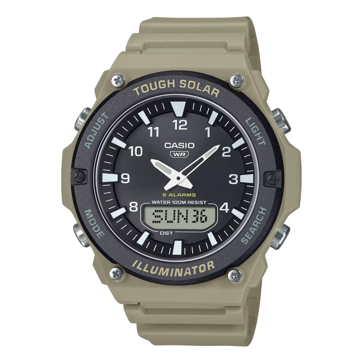 Casio AQS820W-5AV Digital/analog Watch Solar Powered 5 Alarms Illuminator - Dial: Black, Band: Beige