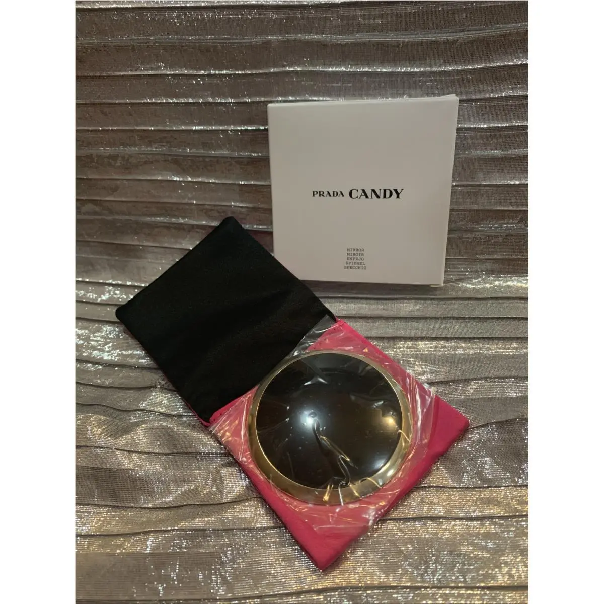 Prada Candy Beautiful Black/gold Travel Mirror W Pink Satin Pouch