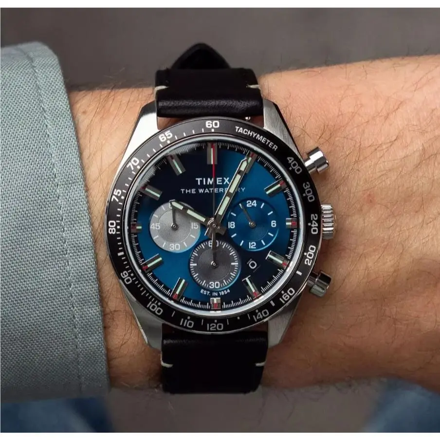 Timex Waterbury Traditional Chronograph Blue Dial Leather Men`s Watch TW2Y18600 - Dial: Blue, Band: Black, Bezel: Black