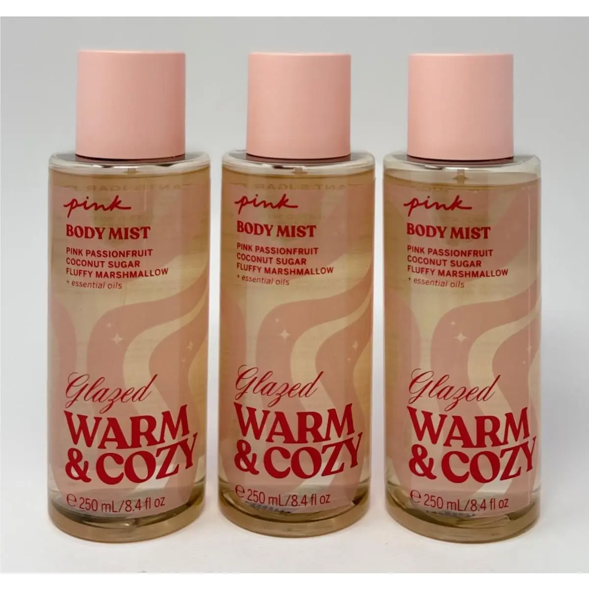 3 Victoria`s Secret Pink Glazed Warm Cozy Scented Body Mist Spray Fragrance