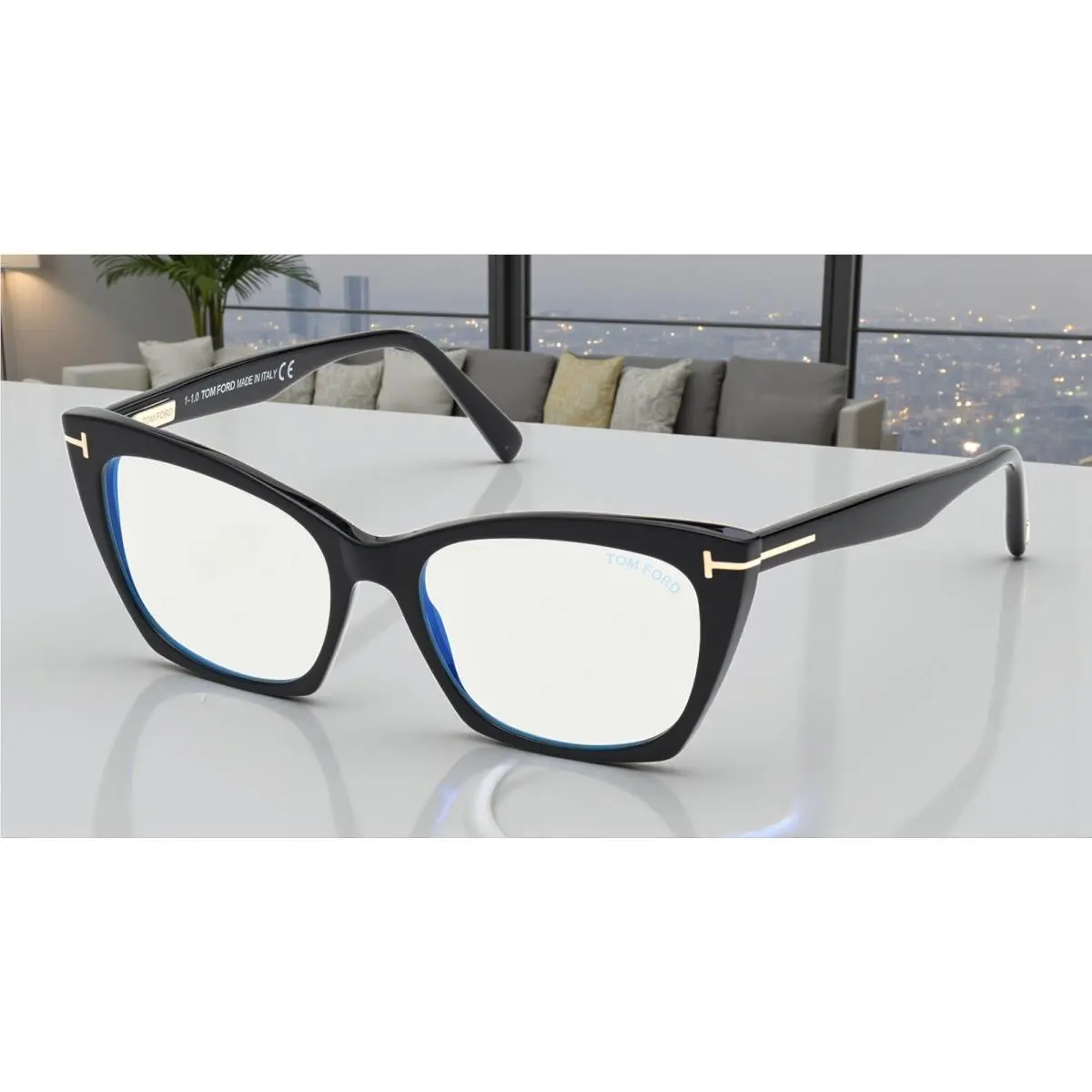 Tom Ford FT5709 B 001 Shiny Black Blue Block 54 mm Cat Eye Women`s Eyeglasses