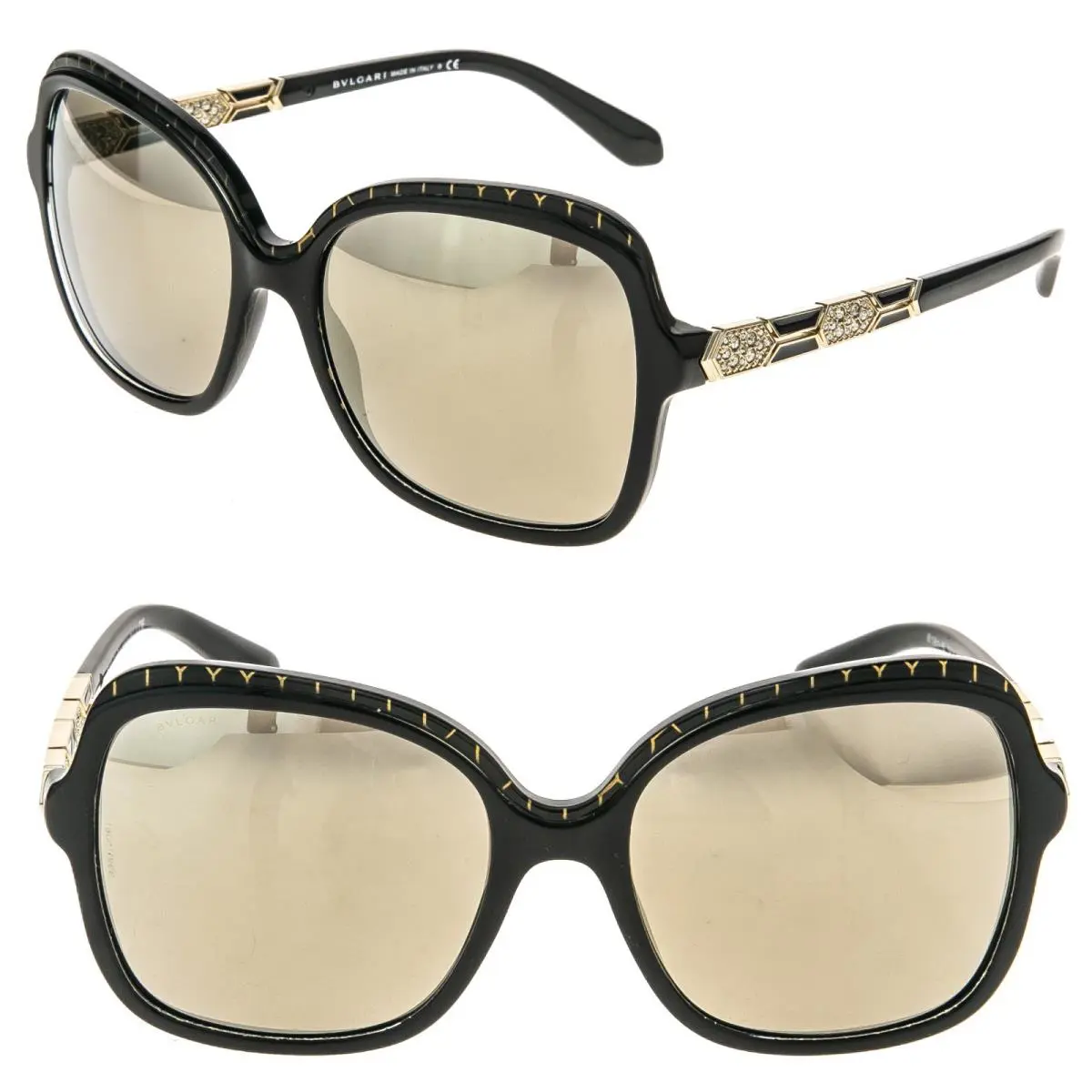 Bvlgari Bulgari 8181 Serpenti BV8181B Black Gold Glitter Mirrored Crystal Scale Sunglass