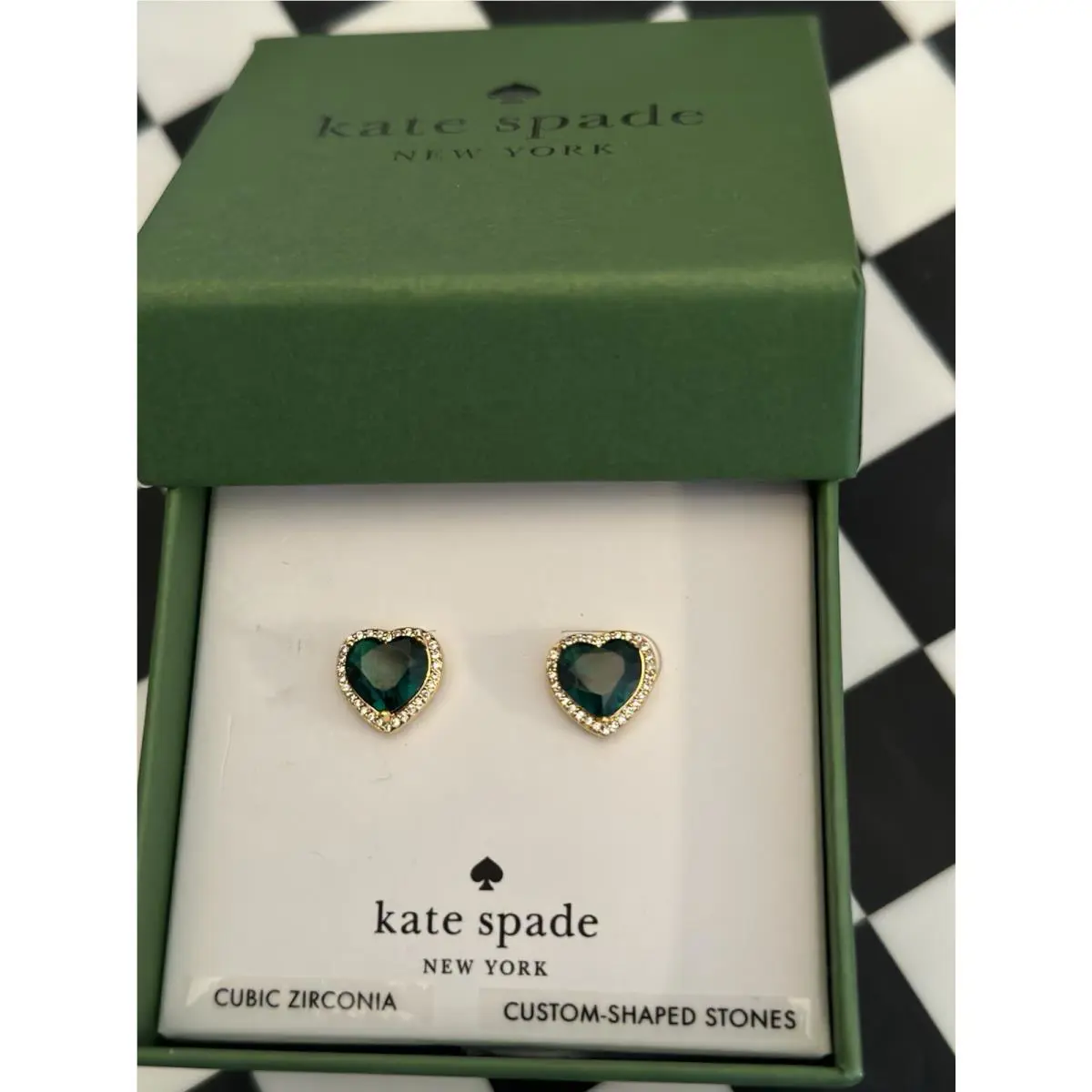 New Kate Spade New York Gold Tone Green Zirconia Heart Earrings My Love