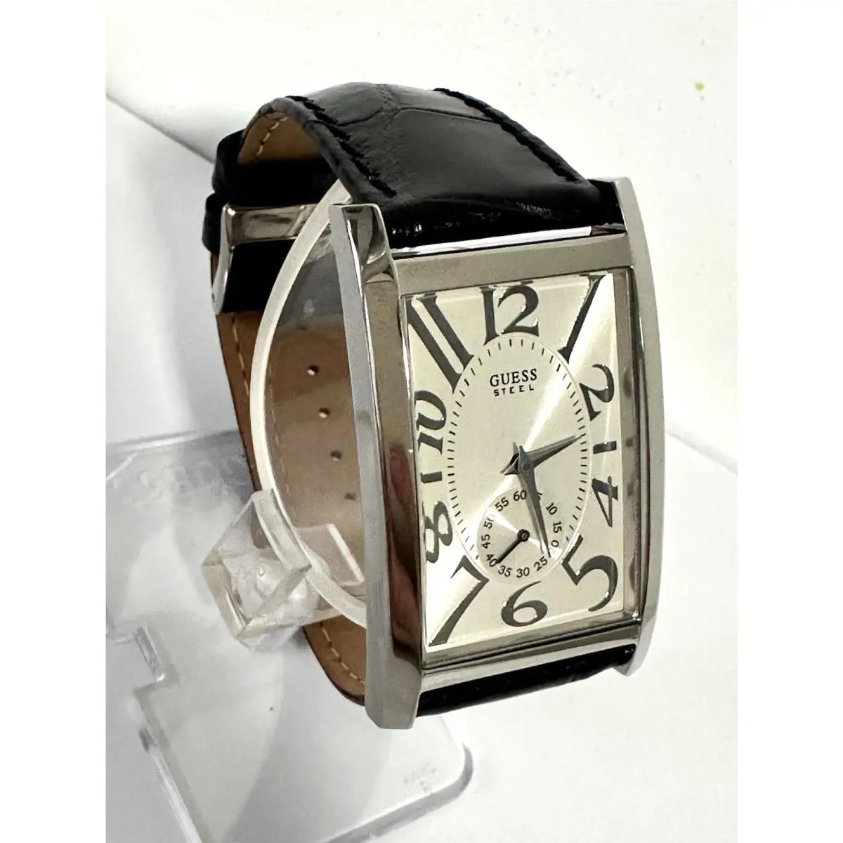 Guess Steel Tank Watch Men G85930G 28mm Silver Tone Black Leather